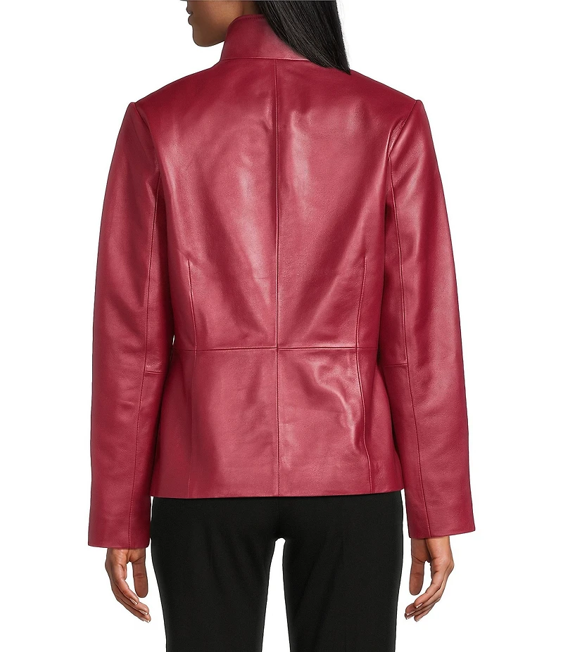 Investments Petite Platinum Suiting Genuine Lamb Leather Stand Collar Zip Front Long Sleeve Jacket
