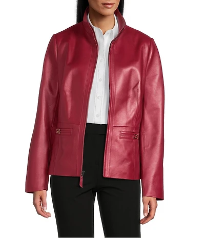 Investments Petite Platinum Suiting Genuine Lamb Leather Stand Collar Zip Front Long Sleeve Jacket