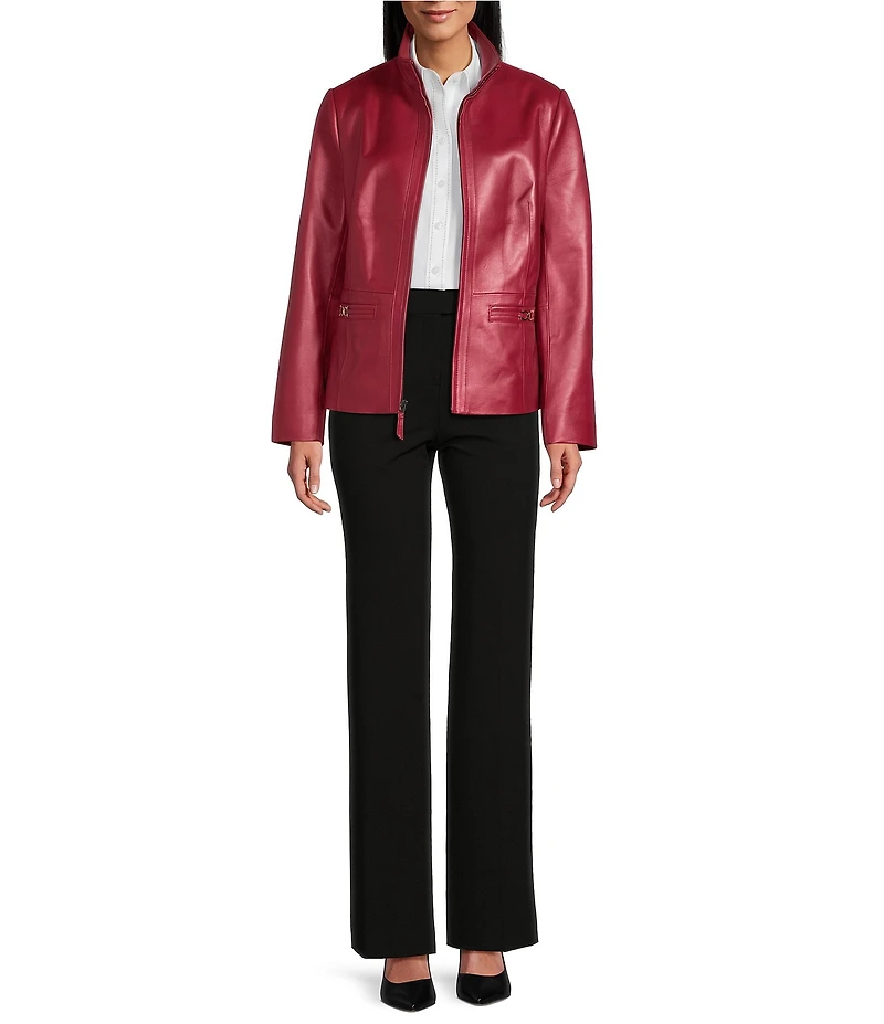 Investments Petite Platinum Suiting Genuine Lamb Leather Stand Collar Zip Front Long Sleeve Jacket