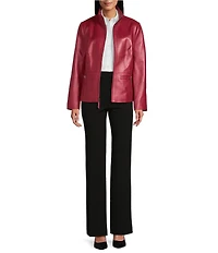 Investments Petite Platinum Suiting Genuine Lamb Leather Stand Collar Zip Front Long Sleeve Jacket