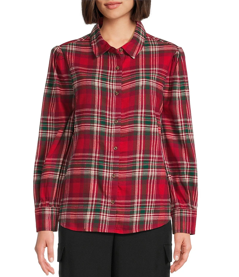 Investments Petite Red Plaid Long Sleeve Point Collar Button Front Top
