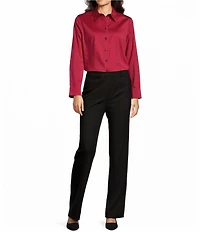 Investments Petite Rumba Red Woven Long Sleeve Point Collar Button Front Top
