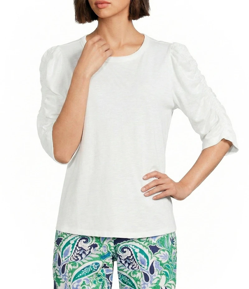 Investments Petite Size 3/4 Ruched Sleeve Crew Neck Top