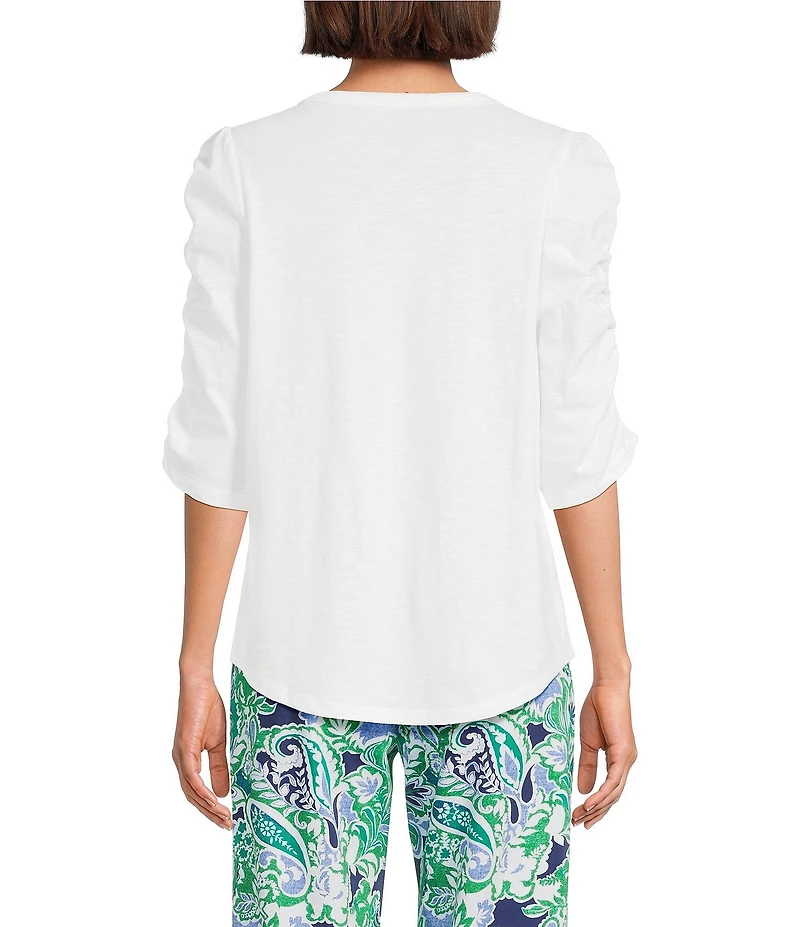 Investments Petite Size 3/4 Ruched Sleeve Crew Neck Top