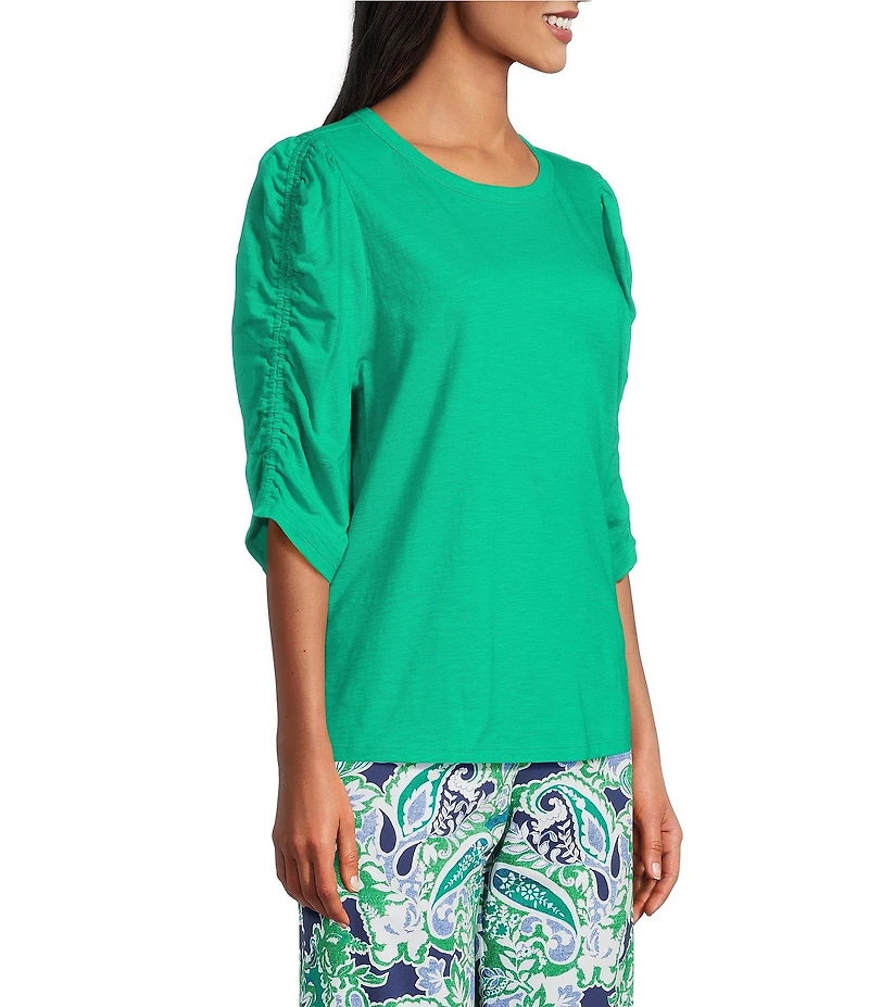Investments Petite Size 3/4 Ruched Sleeve Crew Neck Top