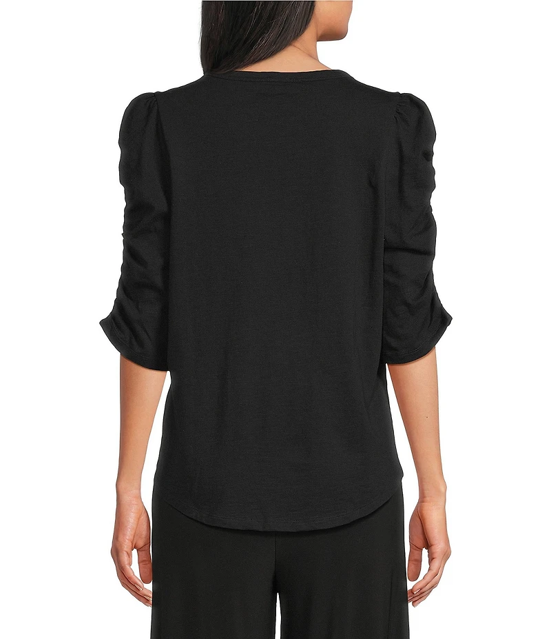 Investments Petite Size 3/4 Ruched Sleeve Crew Neck Top