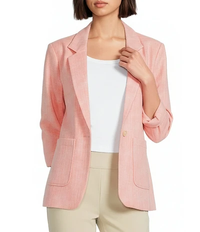Investments Petite Size 3/4 Ruched Sleeve Notch Lapel Lined Button Front Blazer