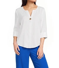 Investments Petite Size 3/4 Sleeve Split V-Neck Button Shirt