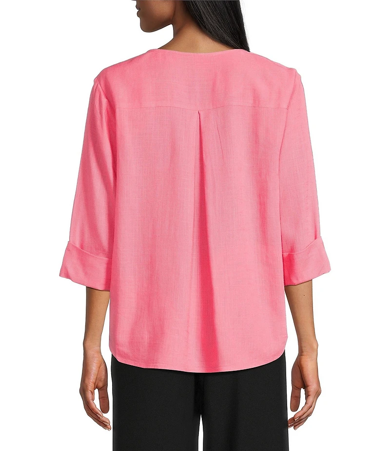 Investments Petite Size 3/4 Sleeve Split V-Neck Button Shirt