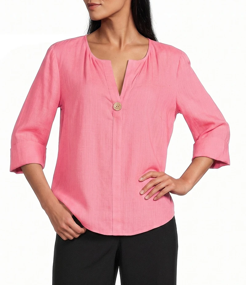 Investments Petite Size 3/4 Sleeve Split V-Neck Button Shirt