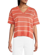 Investments Petite Size 3/4 Sleeve V-Neck Striped Sweater Top