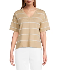 Investments Petite Size 3/4 Sleeve V-Neck Striped Sweater Top