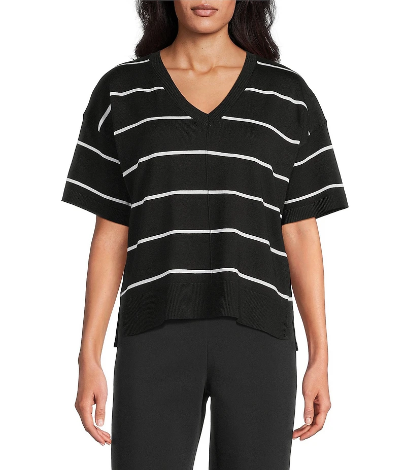Investments Petite Size 3/4 Sleeve V-Neck Striped Sweater Top
