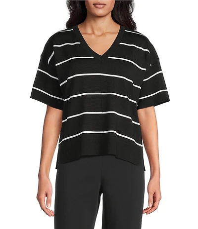 Investments Petite Size 3/4 Sleeve V-Neck Striped Sweater Top