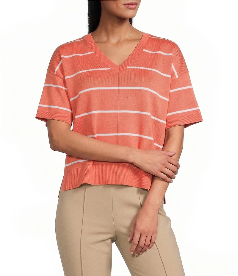 Investments Petite Size 3/4 Sleeve V-Neck Striped Sweater Top