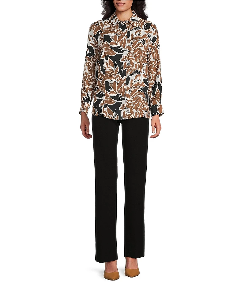 Investments Petite Size Abstract Leaves Dolman Long Sleeve Button Front Point Collar Blouse