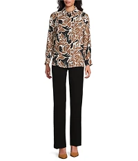 Investments Petite Size Abstract Leaves Dolman Long Sleeve Button Front Point Collar Blouse