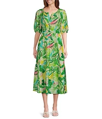 Investments Petite Size Abstract Tropical Short Cuff Sleeve Split Round Neck Crinkle Dress