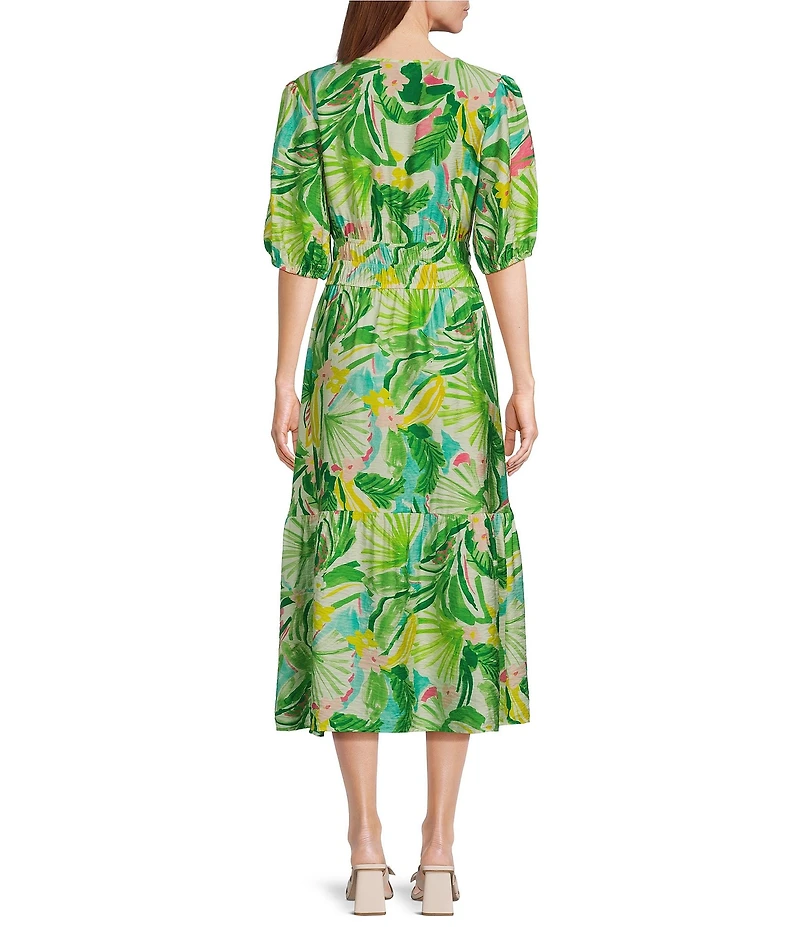 Investments Petite Size Abstract Tropical Short Cuff Sleeve Split Round Neck Crinkle Dress