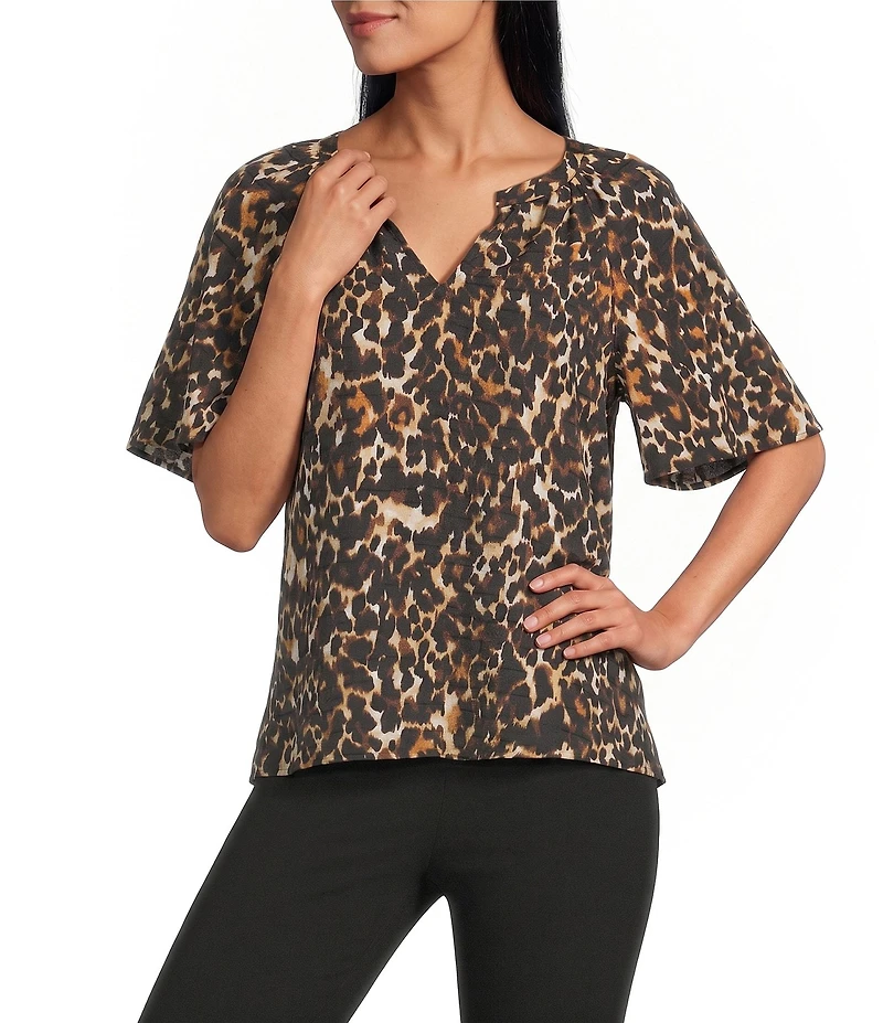 Investments Petite Size Autumn Animal Print Short Ruffle Sleeve Split-V Neck Blouse