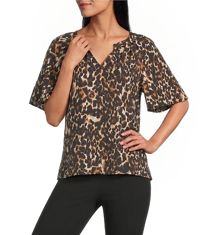 Investments Petite Size Autumn Animal Print Short Ruffle Sleeve Split-V Neck Blouse