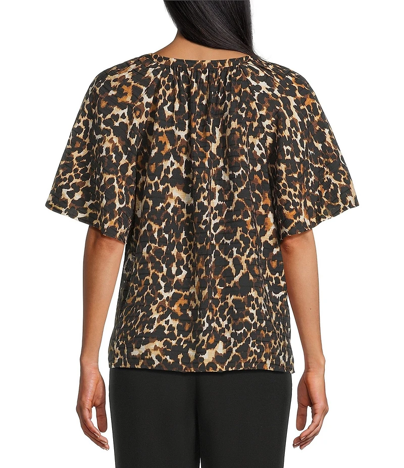 Investments Petite Size Autumn Animal Print Short Ruffle Sleeve Split-V Neck Blouse