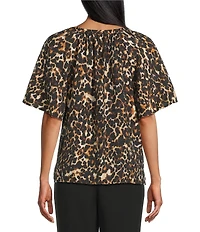 Investments Petite Size Autumn Animal Print Short Ruffle Sleeve Split-V Neck Blouse