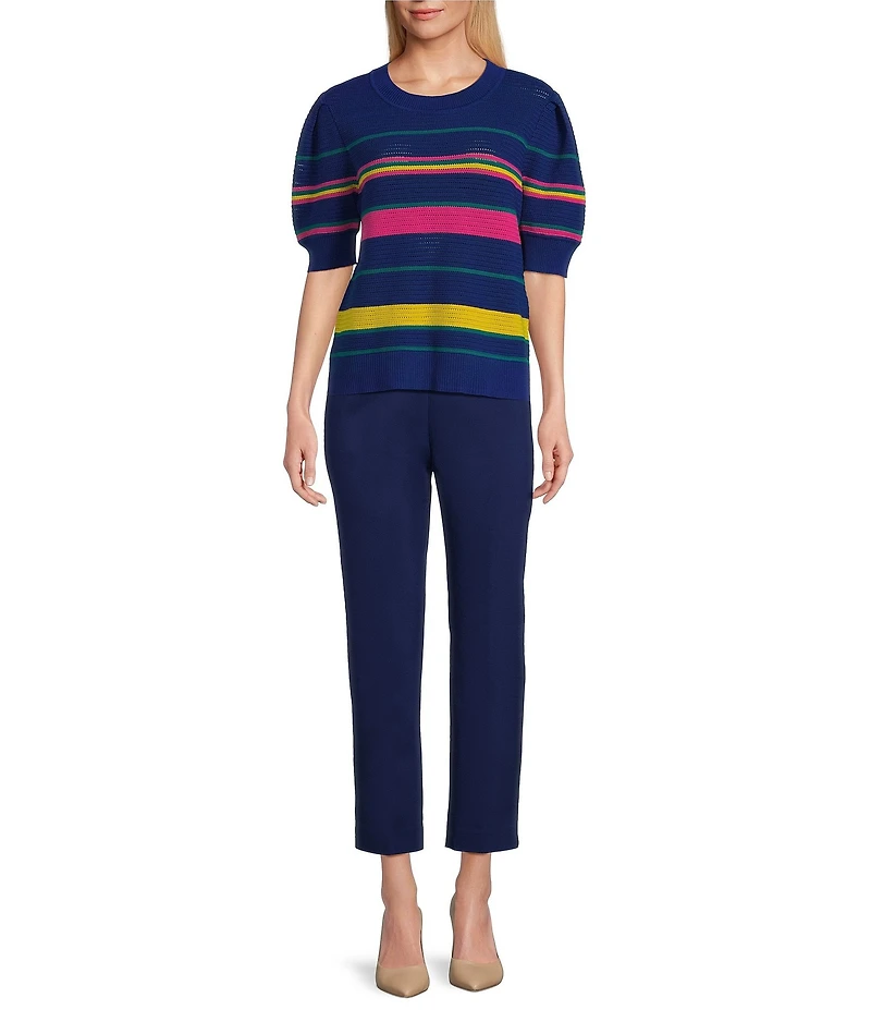 Investments Petite Size Bellwether Stripe Novelty Short Sleeve Crew Neck Sweater Top