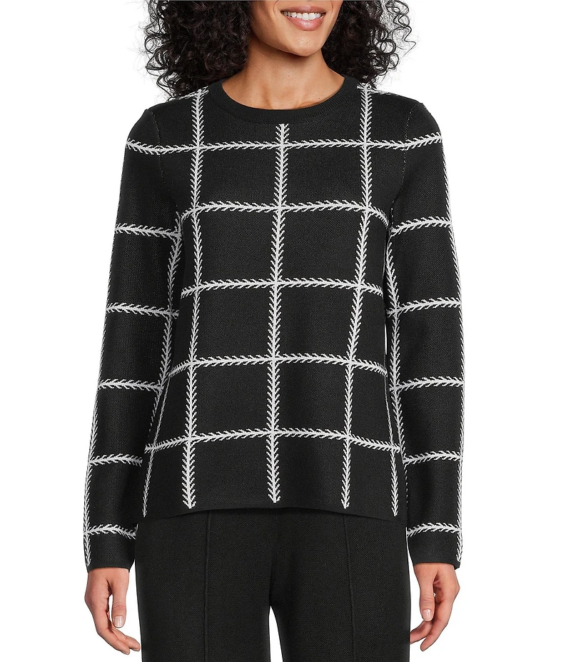Investments Petite Size Black Checked Long Sleeve Crew Neck Pullover Top