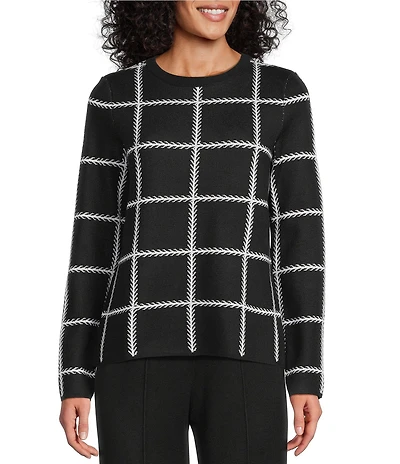 Investments Petite Size Black Checked Long Sleeve Crew Neck Pullover Top