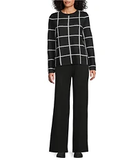 Investments Petite Size Black Checked Long Sleeve Crew Neck Pullover Top
