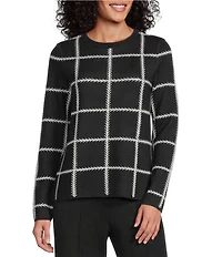 Investments Petite Size Black Checked Long Sleeve Crew Neck Pullover Top