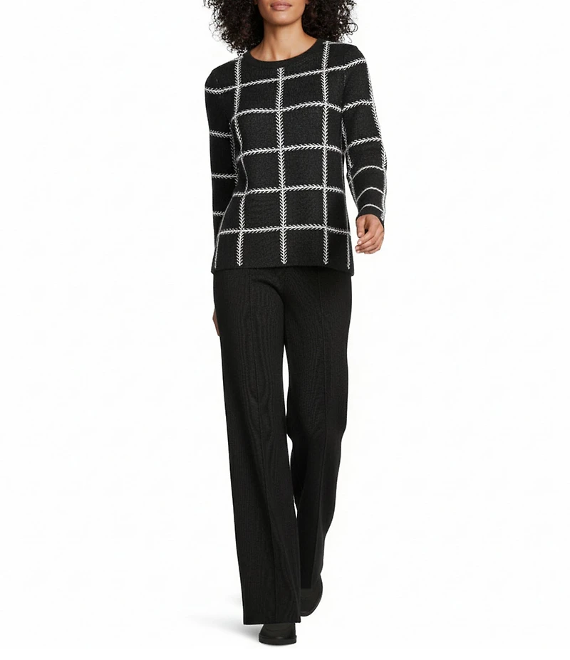 Investments Petite Size Black Checked Long Sleeve Crew Neck Pullover Top