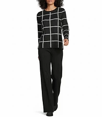 Investments Petite Size Black Checked Long Sleeve Crew Neck Pullover Top