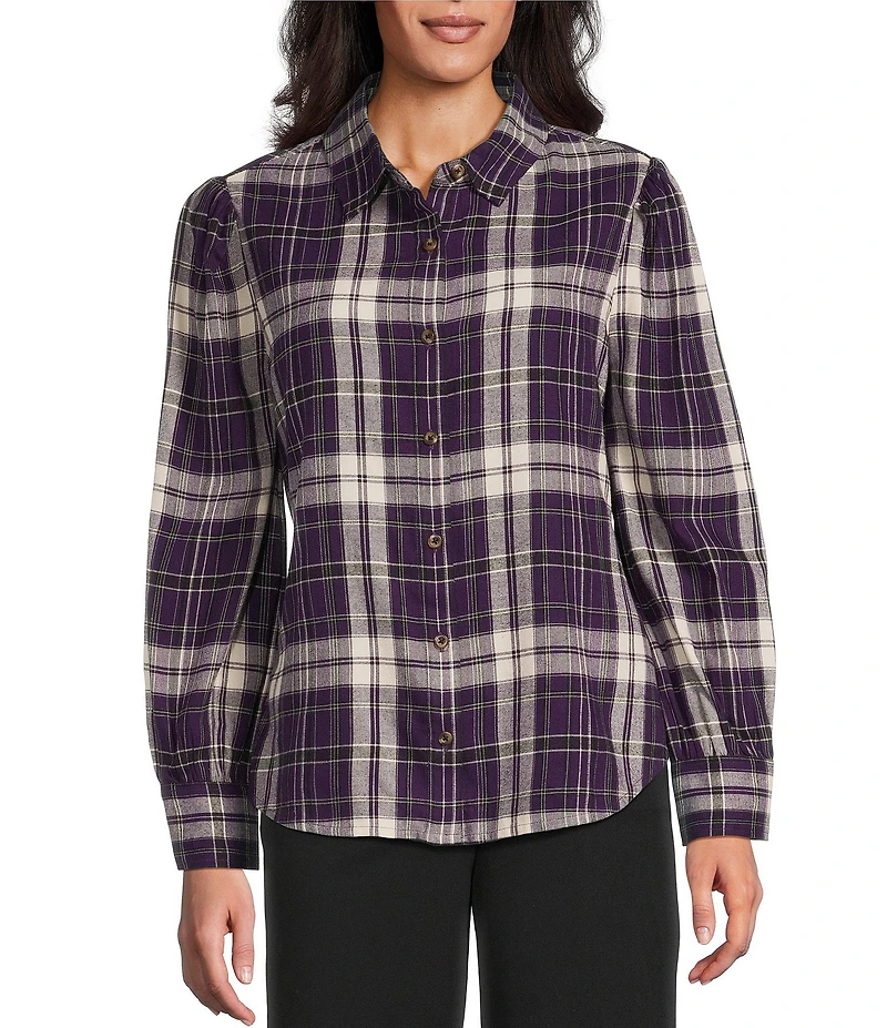 Investments Petite Size Blackberry Plaid Long Sleeve Point Collar Button Front Top