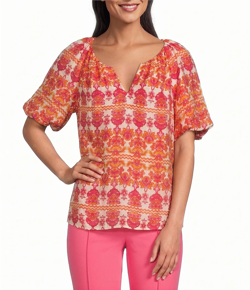 Investments Petite Size Bold Geo Stripe Print 3/4 Bubble Sleeve Split Round Neck Blouse