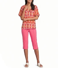 Investments Petite Size Bold Geo Stripe Print 3/4 Bubble Sleeve Split Round Neck Blouse