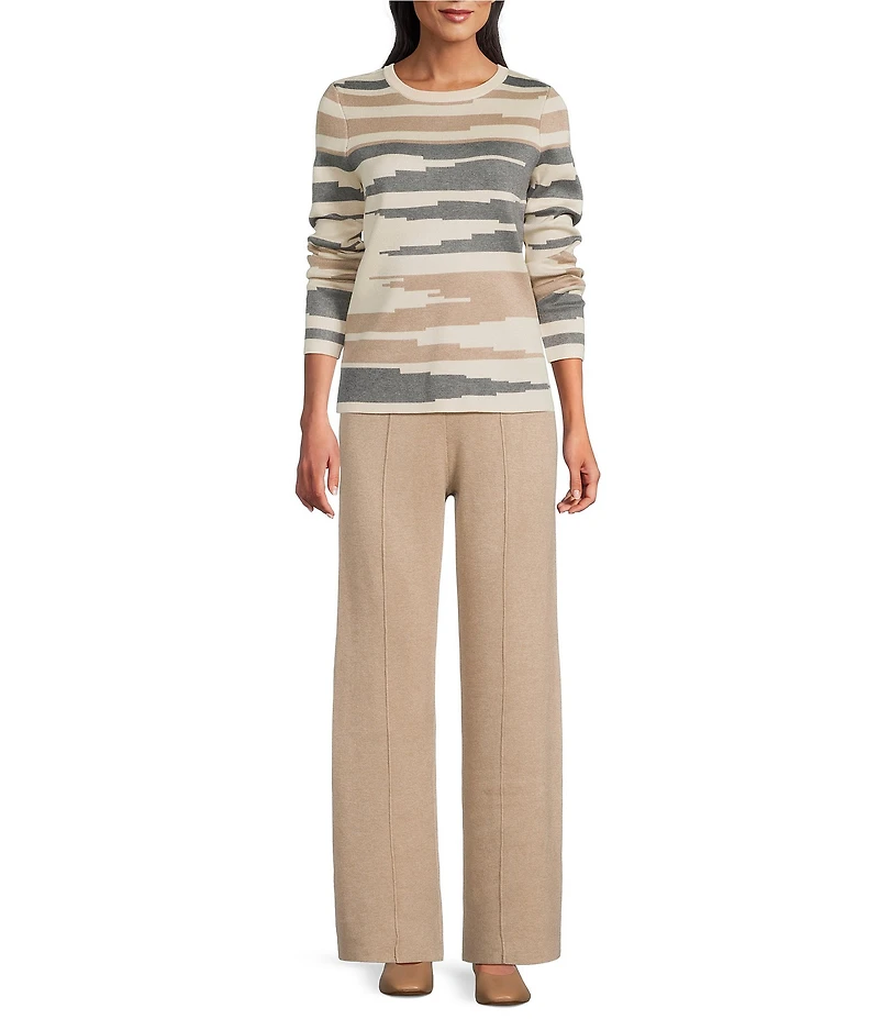 Investments Petite Size Broken Stripe Long Sleeve Crew Neck Pullover Top