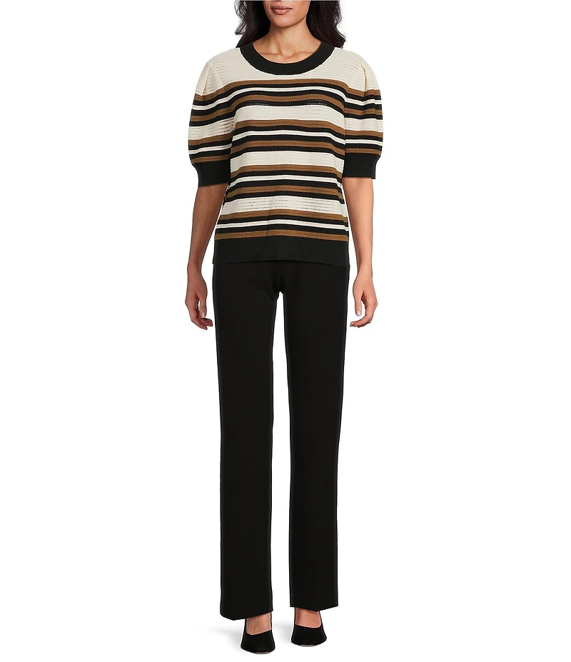 Investments Petite Size Buttercream Stripe Novelty Short Sleeve Crew Neck Sweater Top