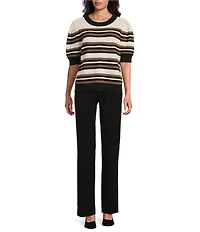 Investments Petite Size Buttercream Stripe Novelty Short Sleeve Crew Neck Sweater Top