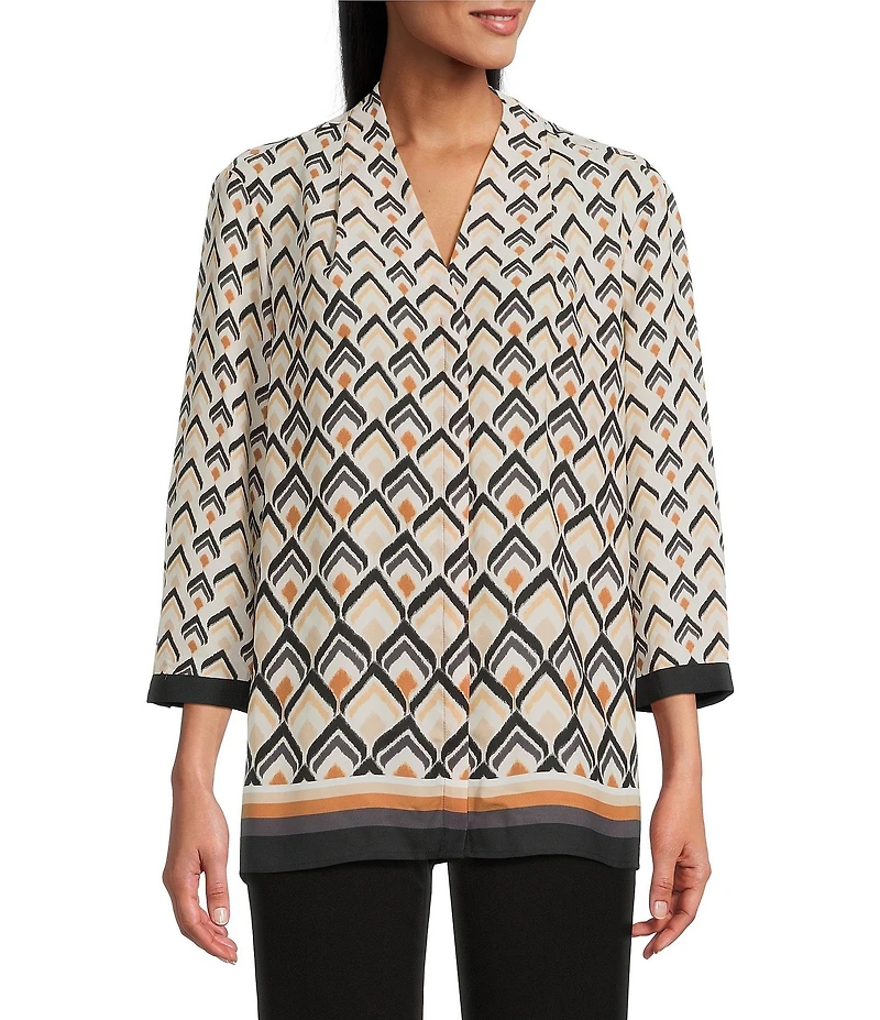 Investments Petite Size Caroline Signature Diamond Border V-Neck 3/4 Sleeve Button-Front Blouse