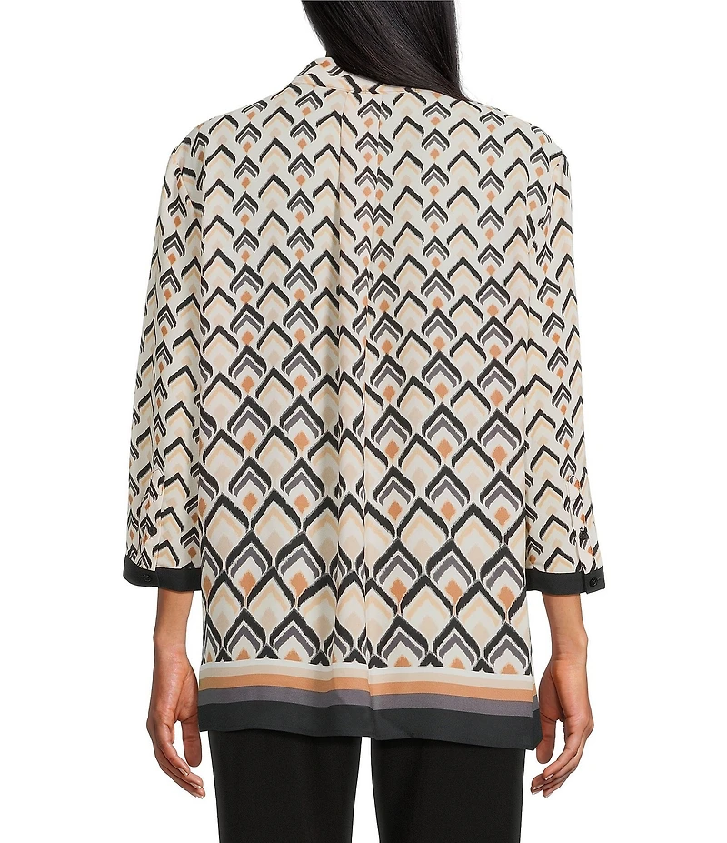 Investments Petite Size Caroline Signature Diamond Border V-Neck 3/4 Sleeve Button-Front Blouse