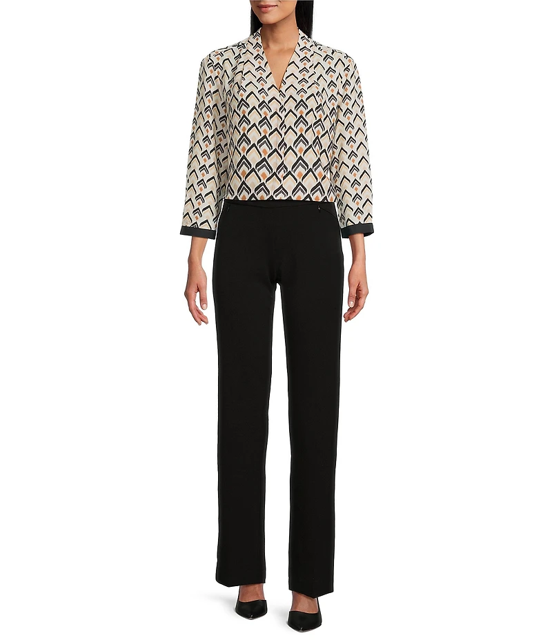 Investments Petite Size Caroline Signature Diamond Border V-Neck 3/4 Sleeve Button-Front Blouse