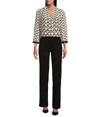Investments Petite Size Caroline Signature Diamond Border V-Neck 3/4 Sleeve Button-Front Blouse
