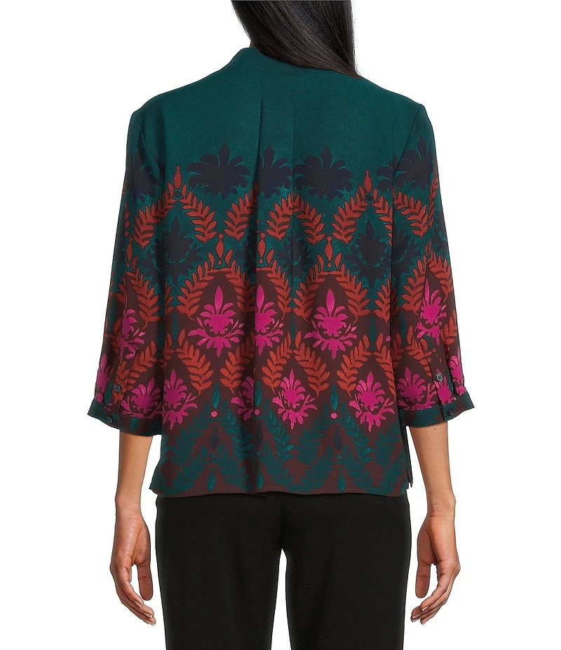 Investments Petite Size Caroline Signature Stamp Border Print 3/4 Sleeve Button Front Top