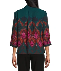 Investments Petite Size Caroline Signature Stamp Border Print 3/4 Sleeve Button Front Top