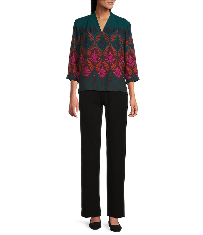 Investments Petite Size Caroline Signature Stamp Border Print 3/4 Sleeve Button Front Top