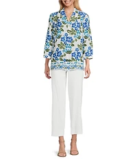 Investments Petite Size Caroline Signature Stamped Hibiscus V-Neck 3/4 Sleeve Button Front Blouse