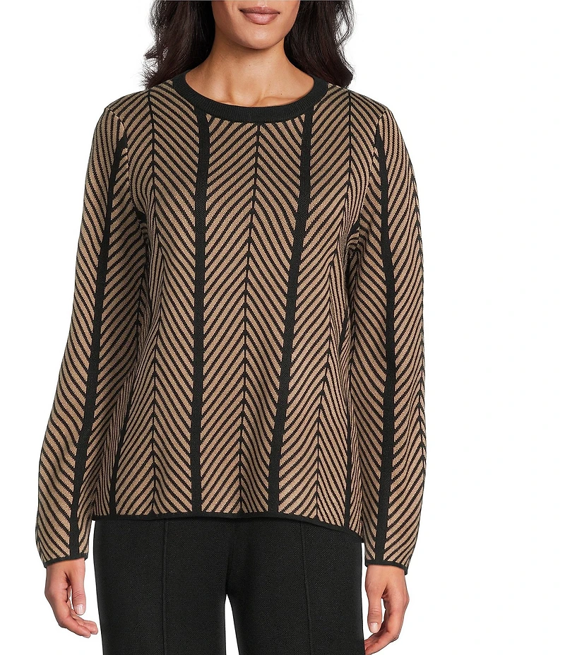 Investments Petite Size Chevron Stripe Long Sleeve Crew Neck Pullover Top