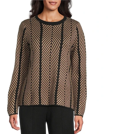 Investments Petite Size Chevron Stripe Long Sleeve Crew Neck Pullover Top